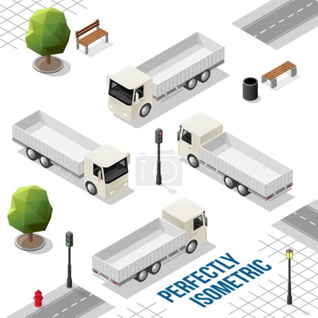 Téléchargez les illustrations : Camion isométrique blanc de l'avant arrière droit et gauche Vues isolées sur blanc - en licence libre de droit