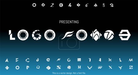 Ilustración de Diseño de fuente de logotipo abstracto moderno para alfabeto inglés con letras y números sobre un fondo azul - Imagen libre de derechos
