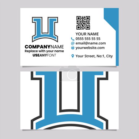Téléchargez les illustrations : Modèle de carte de visite bleu et noir avec l'icône en forme d'arche de logo de lettre U sur un fond gris clair - en licence libre de droit
