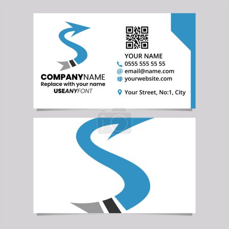 Illustration for Blue and Black Business Card Template with Arrow Shaped Letter S Logo Icon Over a Light Grey Background - Royalty Free Image