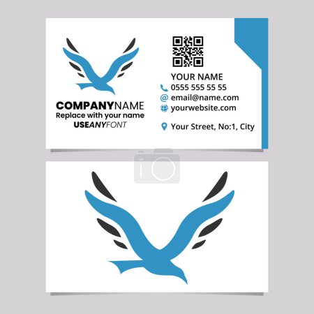 Ilustración de Plantilla de tarjeta de visita azul y negro con letra en forma de pájaro V icono del logotipo sobre un fondo gris claro - Imagen libre de derechos
