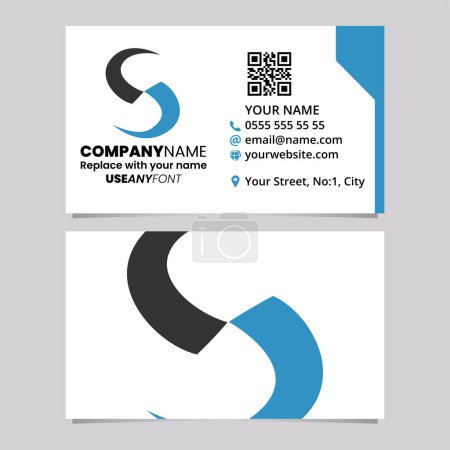 Illustration for Blue and Black Business Card Template with Blade Shaped Letter S Logo Icon Over a Light Grey Background - Royalty Free Image