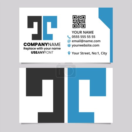 Téléchargez les illustrations : Modèle de carte de visite bleu et noir avec une icône de logo en forme de lettre T fendue sur un fond gris clair - en licence libre de droit