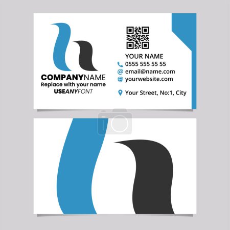 Téléchargez les illustrations : Modèle de carte de visite bleue et noire avec icône de logo de la lettre H calligraphique sur un fond gris clair - en licence libre de droit