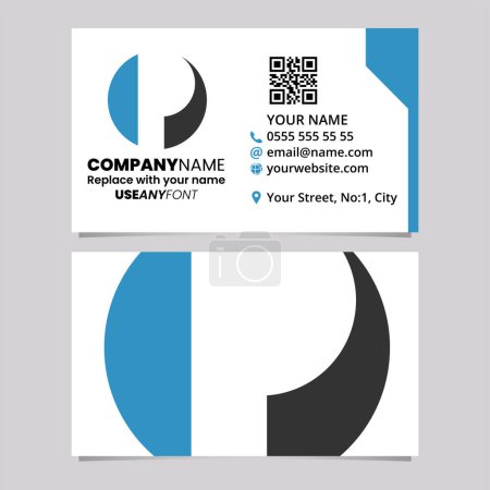 Ilustración de Plantilla de tarjeta de visita azul y negra con icono de la letra P en forma de círculo sobre un fondo gris claro - Imagen libre de derechos
