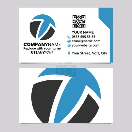 Téléchargez les illustrations : Modèle de carte de visite bleu et noir avec cercle en forme de lettre T logo icône sur un fond gris clair - en licence libre de droit