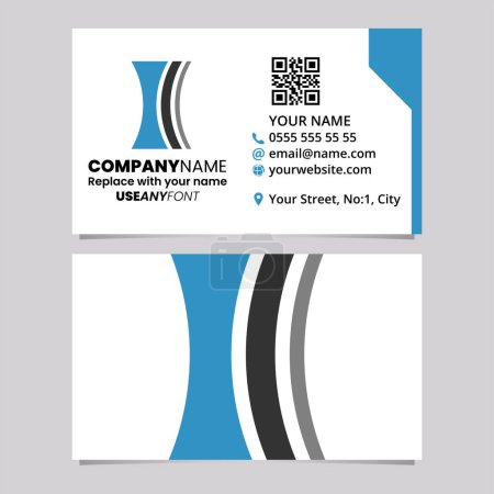 Ilustración de Plantilla de tarjeta de visita azul y negro con lente cóncava en forma de letra I icono del logotipo sobre un fondo gris claro - Imagen libre de derechos