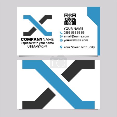 Téléchargez les illustrations : Modèle de carte de visite bleue et noire avec croix doublée lettre X logo icône sur un fond gris clair - en licence libre de droit
