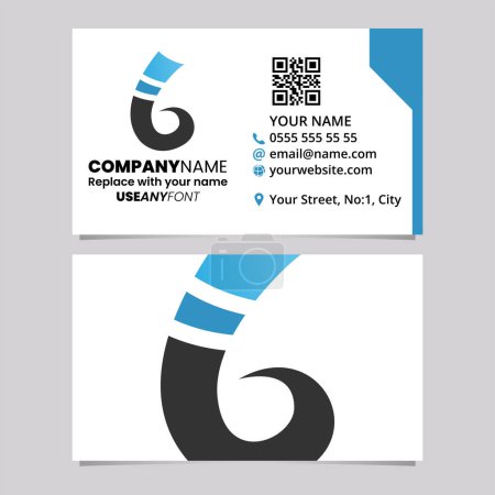 Illustration for Blue and Black Business Card Template with Curly Spike Shaped Letter B Logo Icon Over a Light Grey Background - Royalty Free Image