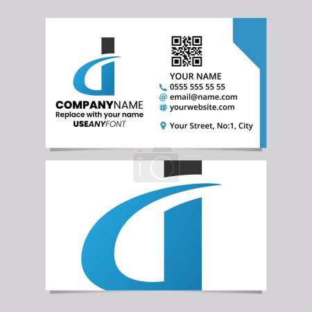 Ilustración de Plantilla de tarjeta de visita azul y negro con letra curvilínea D icono del logotipo sobre un fondo gris claro - Imagen libre de derechos
