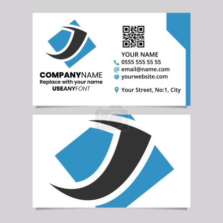 Ilustración de Plantilla de tarjeta de visita azul y negro con diamante cuadrado letra J icono del logotipo sobre un fondo gris claro - Imagen libre de derechos