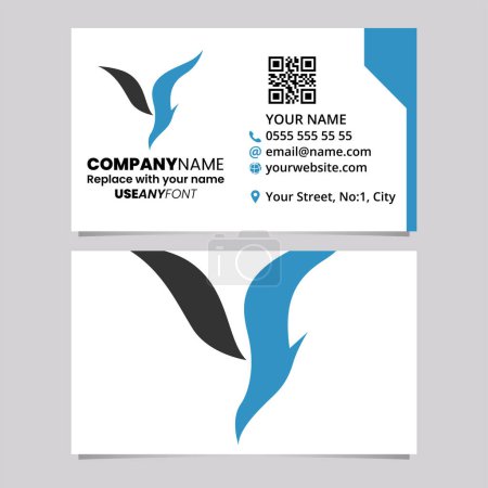 Illustration for Blue and Black Business Card Template with Diving Bird Shaped Letter Y Logo Icon Over a Light Grey Background - Royalty Free Image