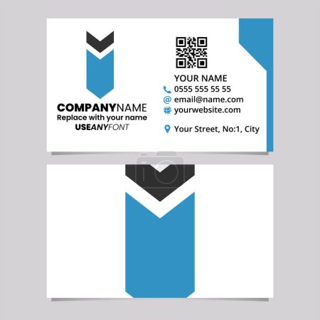 Téléchargez les illustrations : Modèle de carte de visite bleu et noir avec flèche vers le bas en forme de lettre I icône logo sur un fond gris clair - en licence libre de droit