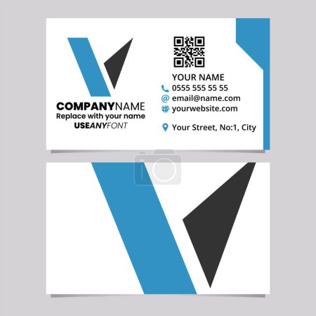 Téléchargez les illustrations : Modèle de carte de visite bleue et noire avec icône géométrique du logo de la lettre V sur un fond gris clair - en licence libre de droit