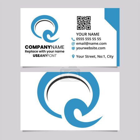 Illustration for Blue and Black Business Card Template with Hook Shaped Letter Q Logo Icon Over a Light Grey Background - Royalty Free Image