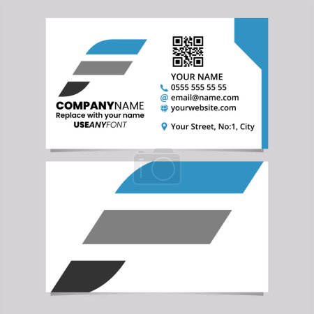 Ilustración de Plantilla de tarjeta de visita azul y negra con icono de logotipo F de rayas horizontales sobre un fondo gris claro - Imagen libre de derechos