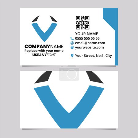 Ilustración de Plantilla de tarjeta de visita azul y negra con el icono de la letra V en forma de cuerno sobre un fondo gris claro - Imagen libre de derechos