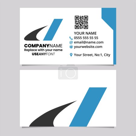 Téléchargez les illustrations : Modèle de carte de visite bleu et noir avec l'icône swooshy italienne de logo de la lettre D sur un fond gris clair - en licence libre de droit