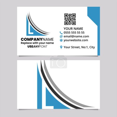 Téléchargez les illustrations : Modèle de carte de visite bleu et noir avec une icône de logo en couches de lettre L sur un fond gris clair - en licence libre de droit