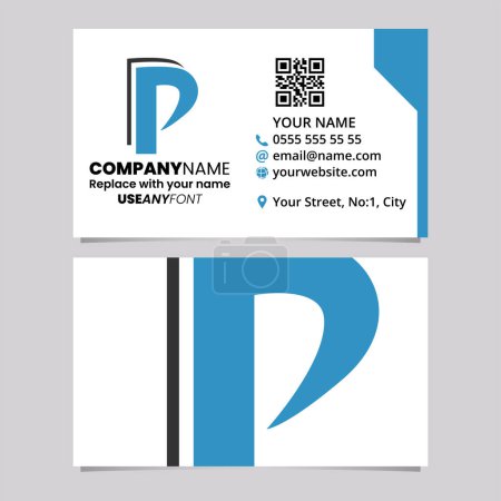 Téléchargez les illustrations : Modèle de carte de visite bleu et noir avec une icône de logo P en couches sur un fond gris clair - en licence libre de droit