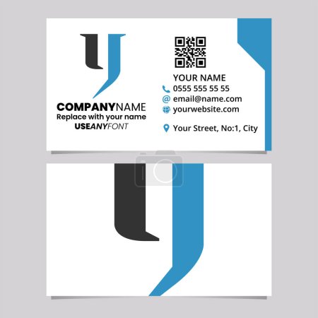 Illustration for Blue and Black Business Card Template with Lowercase Letter Y Logo Icon Over a Light Grey Background - Royalty Free Image