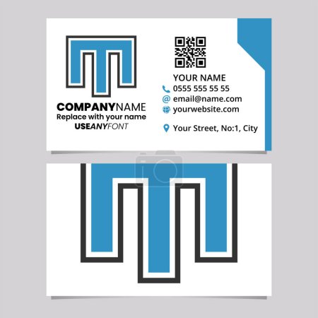 Ilustración de Plantilla de tarjeta de visita azul y negra con el icono exterior de la letra M rayada sobre un fondo gris claro - Imagen libre de derechos