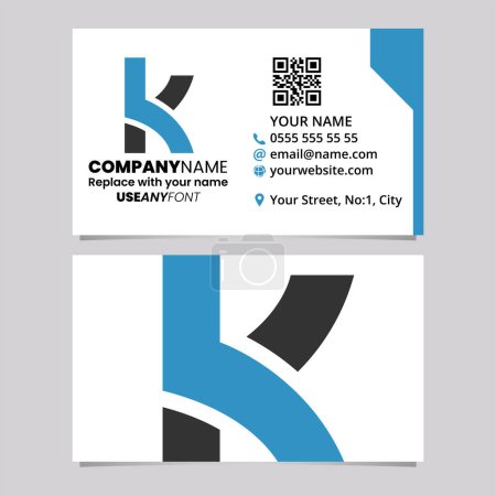 Illustration for Blue and Black Business Card Template with Overlapping Shaped Letter K Logo Icon Over a Light Grey Background - Royalty Free Image