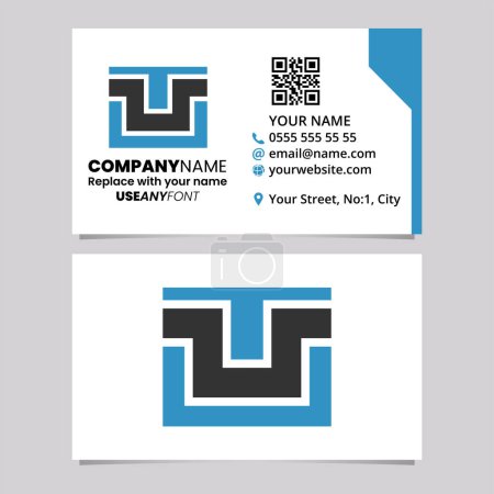 Illustration for Blue and Black Business Card Template with Rectangle Shaped Letter U Logo Icon Over a Light Grey Background - Royalty Free Image