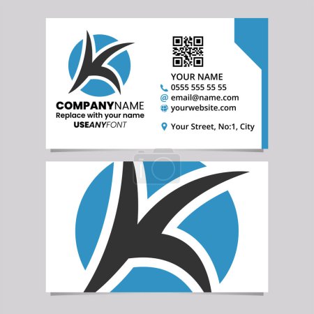Téléchargez les illustrations : Blue and Black Business Card Template with Round Pointy Letter K Logo Icon Over a Light Grey Background - en licence libre de droit