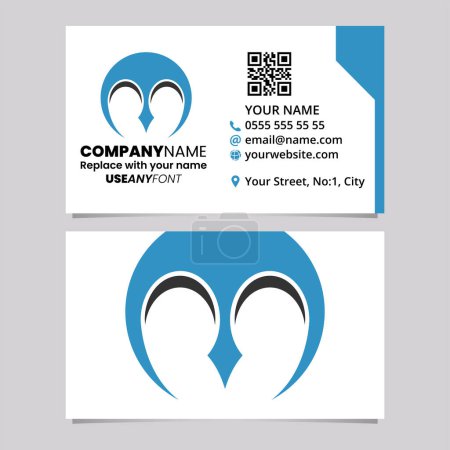 Ilustración de Blue and Black Business Card Template with Round Pointy Tipped Letter M Logo Icon Over a Light Grey Background - Imagen libre de derechos
