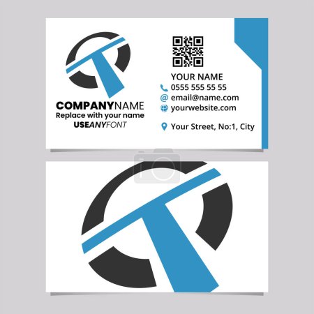 Ilustración de Blue and Black Business Card Template with Round Shaped Letter T Logo Icon Over a Light Grey Background - Imagen libre de derechos