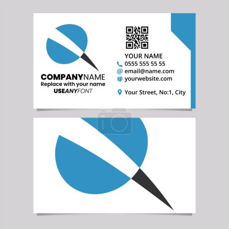 Illustration for Blue and Black Business Card Template with Screw Shaped Letter Q Logo Icon Over a Light Grey Background - Royalty Free Image