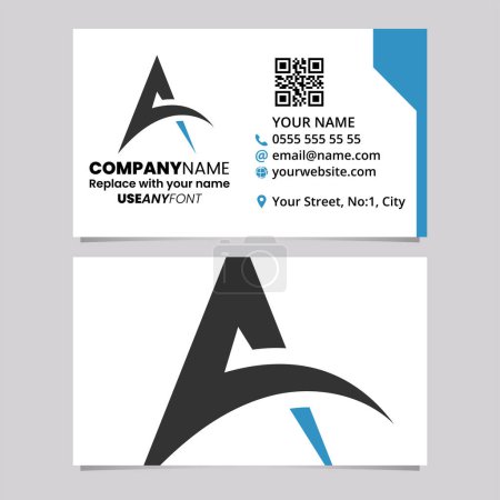 Téléchargez les illustrations : Blue and Black Business Card Template with Spiky Arch Shaped Letter A Logo Icon Over a Light Grey Background - en licence libre de droit