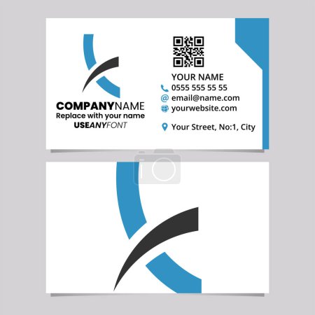 Téléchargez les illustrations : Blue and Black Business Card Template with Spiky Lowercase Letter K Logo Icon Over a Light Grey Background - en licence libre de droit