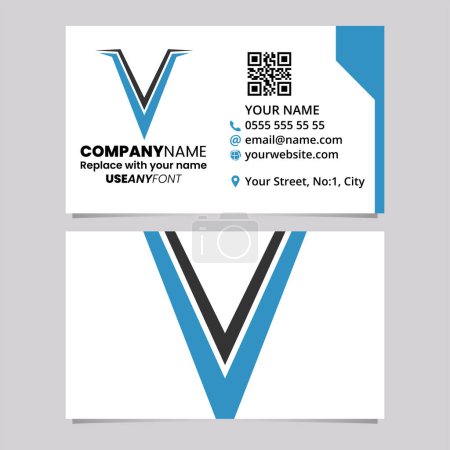 Ilustración de Blue and Black Business Card Template with Spiky Shaped Letter V Logo Icon Over a Light Grey Background - Imagen libre de derechos