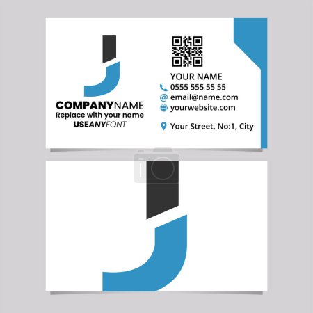 Illustration for Blue and Black Business Card Template with Split Shaped Letter J Logo Icon Over a Light Grey Background - Royalty Free Image
