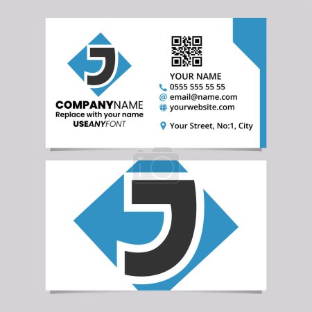 Illustration for Blue and Black Business Card Template with Square Diamond Letter J Logo Icon Over a Light Grey Background - Royalty Free Image