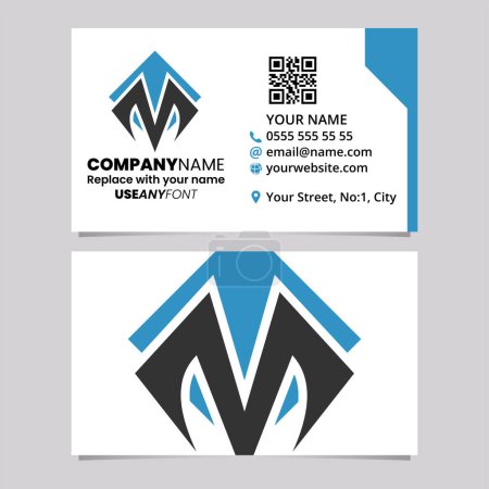 Illustration for Blue and Black Business Card Template with Square Diamond Letter M Logo Icon Over a Light Grey Background - Royalty Free Image