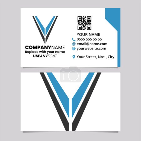 Illustration for Blue and Black Business Card Template with Striped Shaped Letter V Logo Icon Over a Light Grey Background - Royalty Free Image