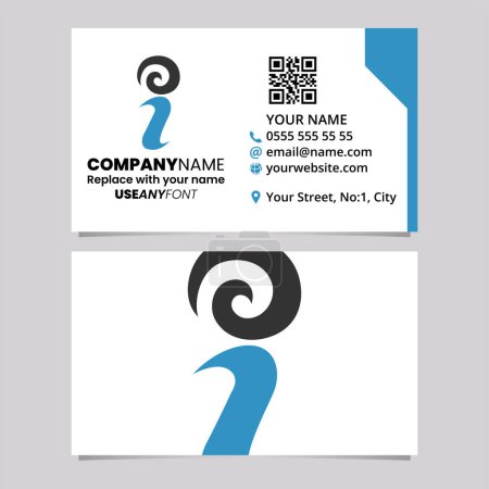 Illustration for Blue and Black Business Card Template with Swirly Letter I Logo Icon Over a Light Grey Background - Royalty Free Image