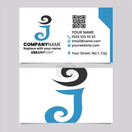 Illustration for Blue and Black Business Card Template with Swirly Letter J Logo Icon Over a Light Grey Background - Royalty Free Image