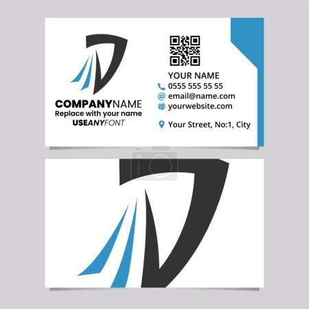 Téléchargez les illustrations : Blue and Black Business Card Template with Tailed Letter D Logo Icon Over a Light Grey Background - en licence libre de droit