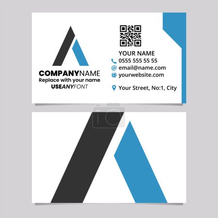 Téléchargez les illustrations : Blue and Black Business Card Template with Trapezium Shaped Letter A Logo Icon Over a Light Grey Background - en licence libre de droit