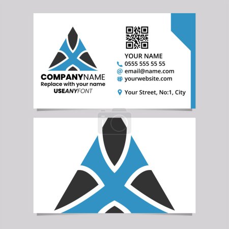 Illustration for Blue and Black Business Card Template with Triangle Shaped Letter X Logo Icon Over a Light Grey Background - Royalty Free Image