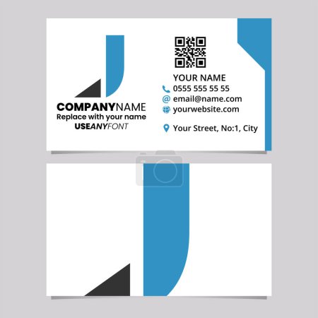 Illustration for Blue and Black Business Card Template with Triangular Tipped Letter J Logo Icon Over a Light Grey Background - Royalty Free Image