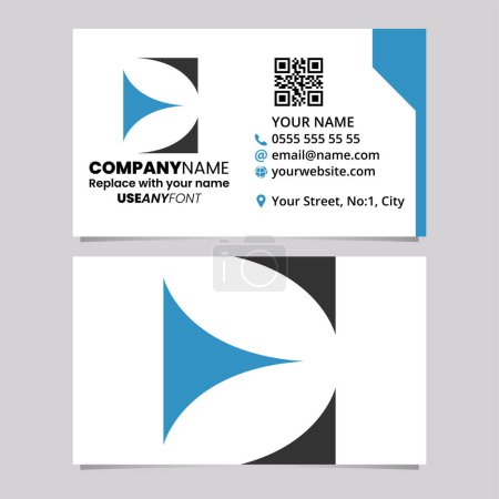 Ilustración de Blue and Black Business Card Template with Triangular Uppercase Letter E Logo Icon Over a Light Grey Background - Imagen libre de derechos