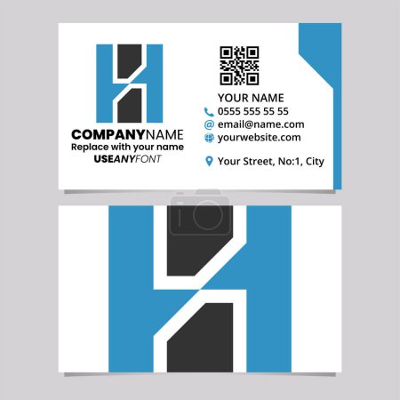 Illustration for Blue and Black Business Card Template with Vertical Rectangle Shaped Letter H Logo Icon Over a Light Grey Background - Royalty Free Image
