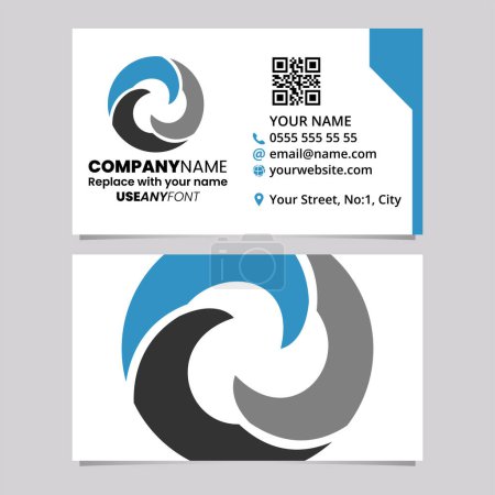 Ilustración de Blue and Black Business Card Template with Wave Shaped Letter O Logo Icon Over a Light Grey Background - Imagen libre de derechos