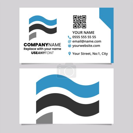 Ilustración de Blue and Black Business Card Template with Wavy Flag Shaped Letter F Logo Icon Over a Light Grey Background - Imagen libre de derechos