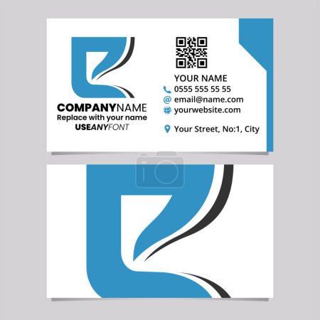 Téléchargez les illustrations : Blue and Black Business Card Template with Wavy Layered Letter E Logo Icon Over a Light Grey Background - en licence libre de droit